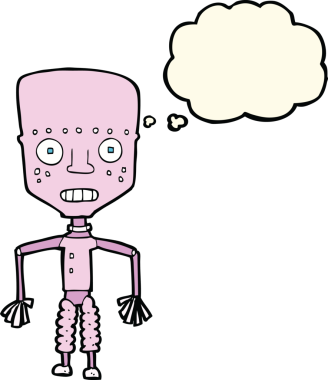 Bir insan tarafından çizilmiş düşünce baloncuklu komik robot.