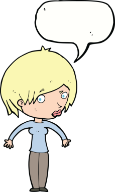 Bir insan tarafından çizilmiş bir konuşma balonuyla omuz silken karikatür kadın.