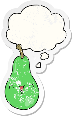 Düşünce baloncuğu olan çizgi film armudu bir insan tarafından çizilmiş yıpranmış bir çıkartma gibi.