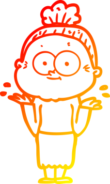 Bir insan tarafından çizilmiş mutlu, yaşlı bir kadının sıcak çizgi çizimi.