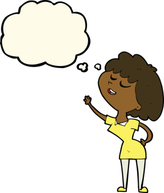 Bir insan tarafından çizilmiş düşünce baloncuğuyla konuşmak üzere olan mutlu kadın çizgi filmi.