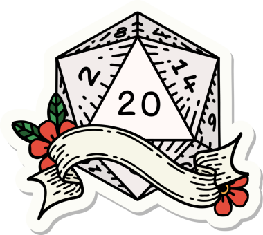 Bir insan tarafından çizilmiş 20 D20 zarının çıkartması.