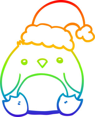 Gökkuşağı gradyan çizgisi bir insan tarafından çizilmiş Noel şapkası takan sevimli bir penguen çizimi