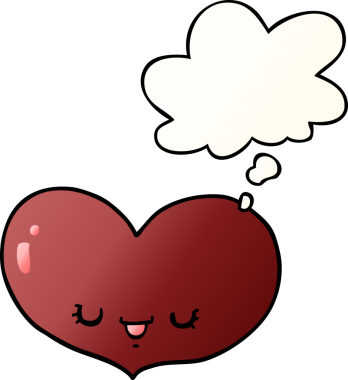 Karikatür, insan tarafından çizilmiş düşünce baloncuklu kalp karakterini sever.
