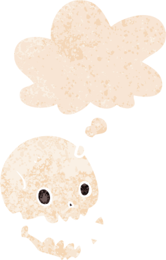 grunge 'da düşünce baloncuğu olan karikatürümsü kafatası, bir insan tarafından çizilmiş tedirgin geçmiş dokuma tarzı.