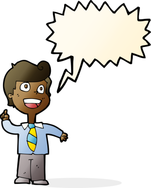 bir insan tarafından çizilmiş bir konuşma balonuyla el kaldıran karikatürist çocuk.