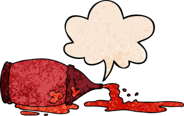 Çizgi film, insan tarafından çizilmiş retro desenli konuşma baloncuklu ketçap şişesi döktü.