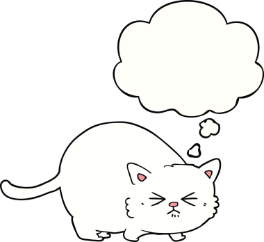 Bir insan tarafından çizilmiş düşünce balonlu kızgın kedi çizgi filmi.