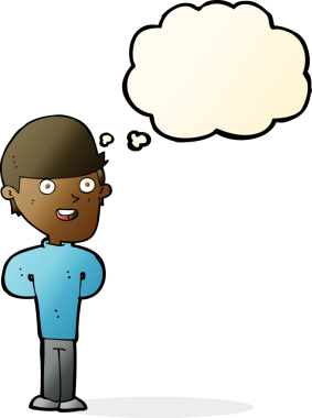 Bir insan tarafından çizilmiş düşünce balonlu mutlu adam çizgi filmi.