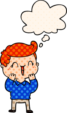 Çizgi roman tarzında bir insan tarafından çizilmiş düşünce balonuyla gülen çocuk.