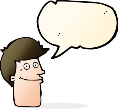 Bir insan tarafından çizilmiş konuşma balonlu gülümseyen adam.