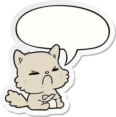 Bir insan tarafından çizilmiş konuşma kabarcığı çıkartmalı sevimli kızgın kedi çizgi filmi.