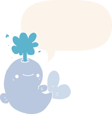 Bir insan tarafından çizilmiş eski usul konuşma baloncuğuyla su püskürten çizgi film balinası.