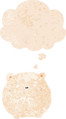 Karikatür kutup ayısı grunge 'da düşünce baloncuğu olan sıkıntılı retro desenli bir insan çizimi.