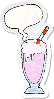 bir insan tarafından çizilmiş sıkıntılı eski etiketli, konuşma balonlu karikatür milkshake 'i.