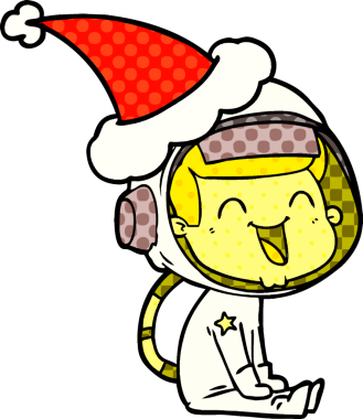 Bir insan tarafından çizilmiş Noel Baba şapkası giyen bir astronotun çizdiği mutlu el çizimi çizgi roman tarzı.