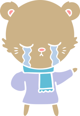 Ağlayan düz renkli çizgi film ayısı bir insan tarafından çizilmiş kışlık giysiler giyiyor.