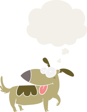 Düşünce baloncuğu olan çizgi film mutlu köpek insan tarafından çizilmiş.