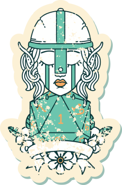 Retro Dövme Tarzı Ağlayan Elf Savaşçısı karakteri yüzü ve bir insan tarafından çizilmiş D20 rulosu.