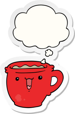 Düşünce baloncuklu şirin kahve fincanı bir insan tarafından çizilmiş çıkartma gibi.