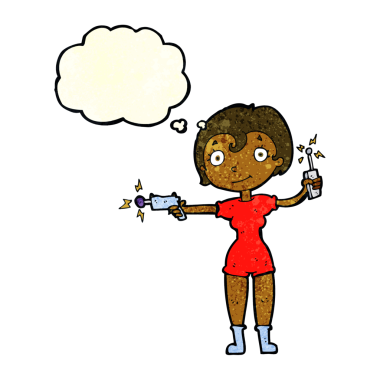 Bir insan tarafından çizilmiş düşünce baloncuğu olan gelecekteki uzay kızı.