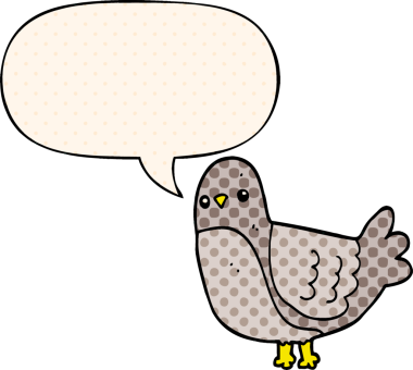 Bir insan tarafından çizilmiş çizgi roman tarzında konuşma baloncuğu olan çizgi film kuşu.