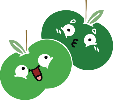 Bir insan tarafından çizilmiş elmaların düz renkli retro karikatürü