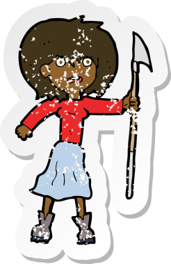 Bir insan tarafından zıpkınla çizilmiş karikatürlü bir kadının retro sıkıntılı çıkartması.