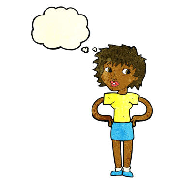 Bir insan tarafından çizilmiş düşünce baloncuğu olan elleri kalçasında çizgi film kadını.