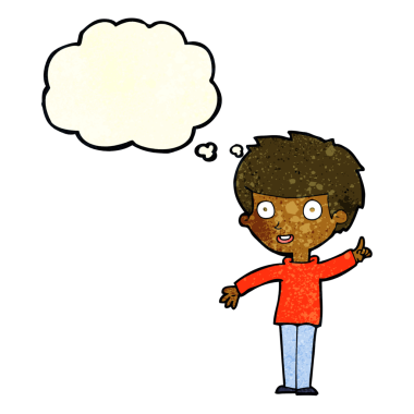 Bir insan tarafından çizilmiş düşünce baloncuğu fikri olan çizgi film çocuğu.