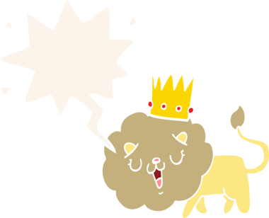 Bir insan tarafından çizilmiş, konuşma baloncuğu olan, taç takan çizgi film aslanı.