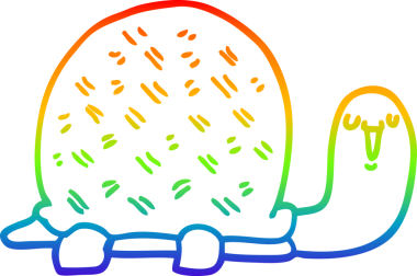 Gökkuşağı gradyan çizgisi. Bir insan tarafından çizilmiş şirin bir karikatür kaplumbağası.