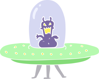 Bir insan tarafından çizilmiş uçan daire içindeki uzaylının düz renkli çizimi