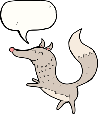 Bir insan tarafından çizilmiş konuşma balonlu mutlu kurt çizgi filmi.