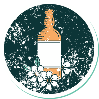 Bir insan tarafından çizilmiş bir rom şişesinin ve çiçeklerin sembolik desenli dövmesi.