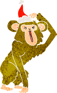 Bir insan tarafından çizilmiş Noel Baba şapkası takan şempanzenin el çizimi karikatürü.