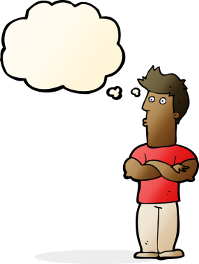 Bir insan tarafından çizilmiş düşünce balonlu kolları katlanmış çizgi film adamı.