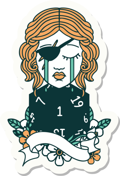 Ağlayan bir insan hırsızının çıkartması. Bir insan tarafından çizilmiş doğal bir D20 rulosu.