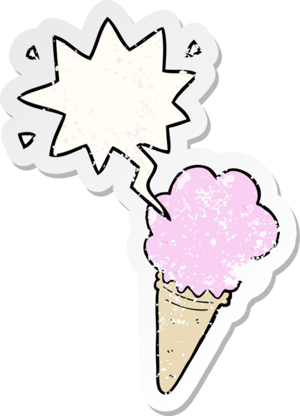 Konuşma balonlu çizgi film dondurması bir insan tarafından çizilmiş sıkıntılı eski bir çıkartma