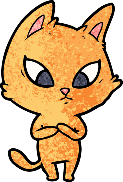 Bir insan tarafından çizilmiş kafası karışmış çizgi film kedisi.