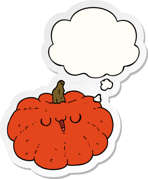 Düşünce baloncuklu mutlu balkabağı insan tarafından çizilmiş bir çıkartma.