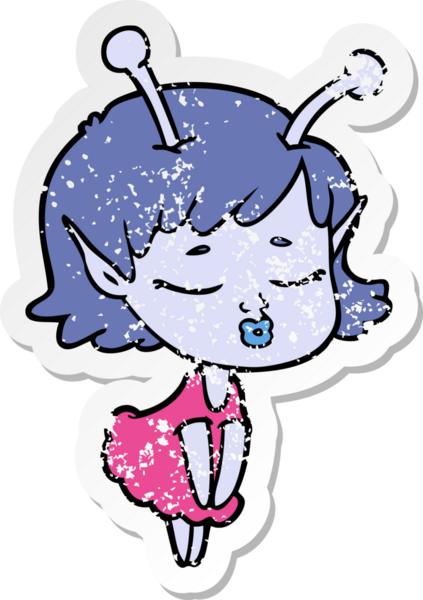 Bir insan tarafından çizilmiş sevimli bir uzaylı kız çizgi filminin sıkıntılı çıkartması.