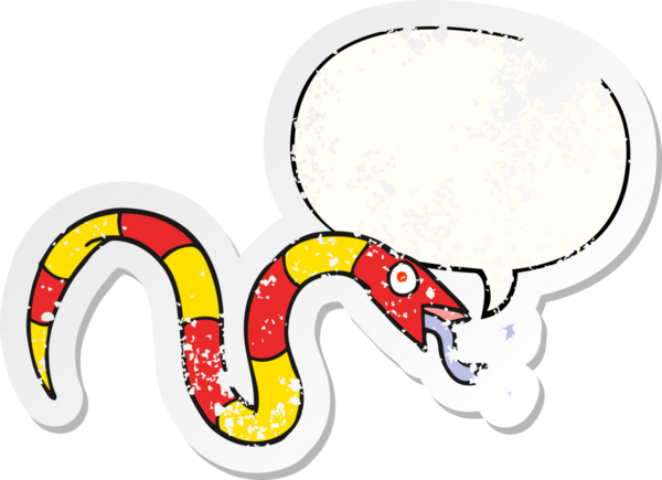 Konuşma balonlu tıslayan çizgi film yılanı bir insan tarafından çizilmiş sıkıntılı eski bir çıkartma.