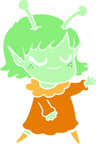 Gülümseyen uzaylı kız düz renkli çizgi film bir insan tarafından çizildi.