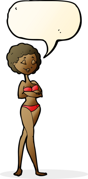 Bir insan tarafından çizilmiş konuşma balonu olan bikinili bir retro kadın.