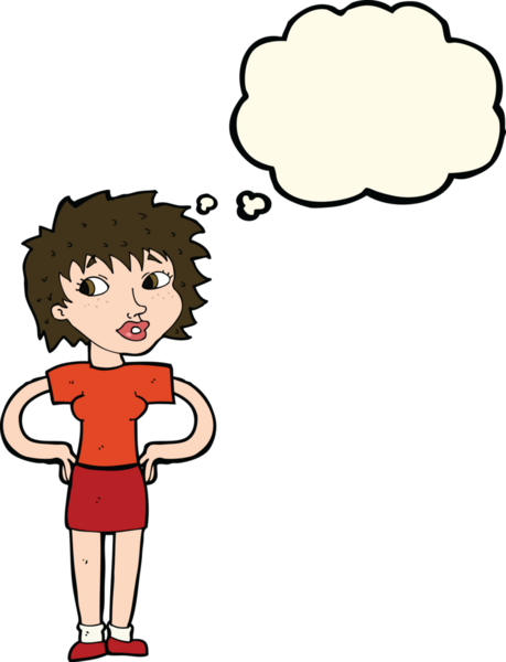 Bir insan tarafından çizilmiş düşünce baloncuğu olan elleri kalçasında çizgi film kadını.