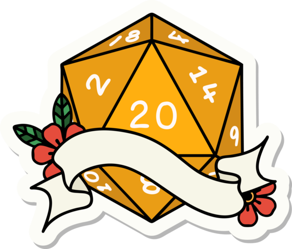 Bir insan tarafından çizilmiş 20 D20 zarının çıkartması.