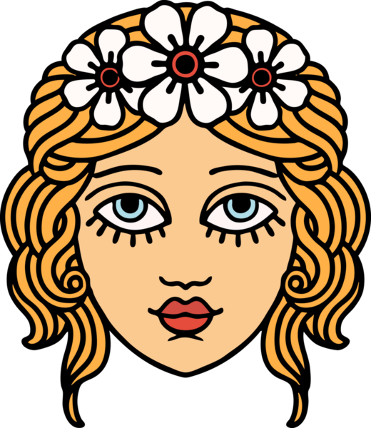 Geleneksel bir kadın yüzü dövmesi ve bir insan tarafından çizilmiş çiçekler.