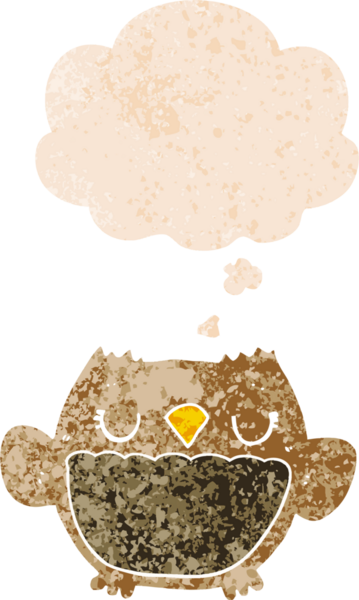 bir insan tarafından çizilmiş grunge sıkıntılı retro desenli düşünce baloncuğu ile çizgi film baykuşu