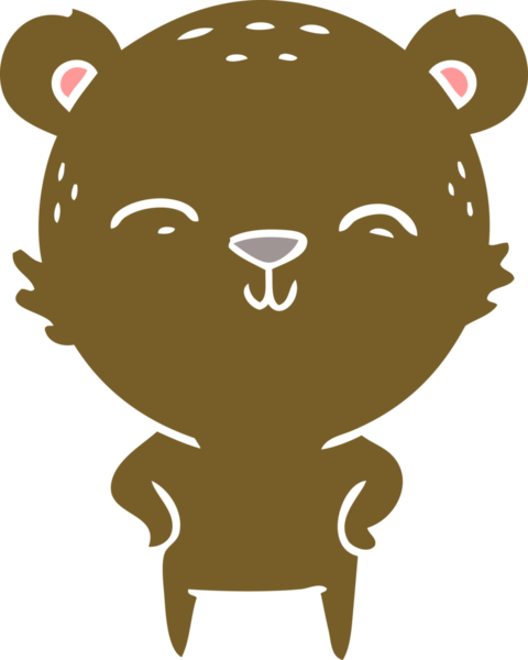 Mutlu düz renkli çizgi film ayısı, elleri kalçasında bir insan tarafından çizilmiş.